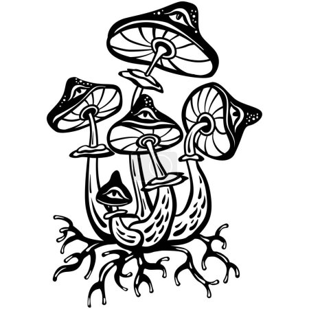 Illustration for Mystical Psychedelic mushroom, Magic Hippie boho art, black and white vector illustration - Royalty Free Image