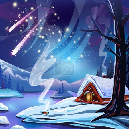 Illustration for Winter vector landscape with a house and a river in the forest - Royalty Free Image