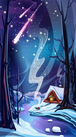 Téléchargez les illustrations : Paysage vectoriel hivernal avec une maison et une rivière dans la forêt - en licence libre de droit