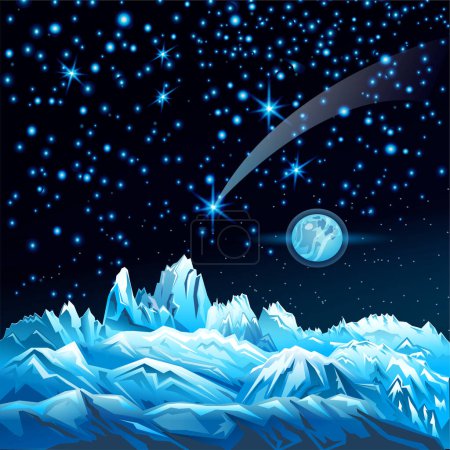 Illustration for Winter landscape with white Snow Covered Mountains Abstract cold background, with a starry sky - Royalty Free Image