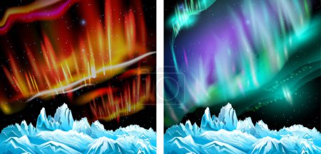Foto de Luces boreales y montañas nevadas, Cielo estrellado con auroras y rocas nevadas, luces polares - Imagen libre de derechos