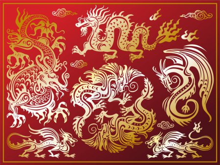 Téléchargez les photos : Ensemble de dragons chinois adaptés au Nouvel An chinois, symbole de dragon zodiaque chinois - en image libre de droit