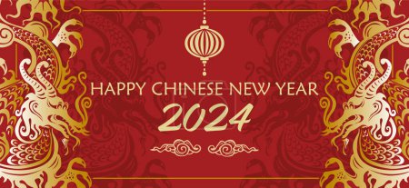Téléchargez les photos : Nouvel An chinois, Modèle de vacances concept pour carte de vœux, bannière, affiche avec symboles Dragon, illustration vectorielle plate - en image libre de droit
