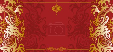 Foto de Año Nuevo Chino, Plantilla de vacaciones de concepto para tarjeta de felicitación, bandera, póster con símbolos Dragón, ilustración plana vectorial - Imagen libre de derechos