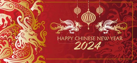 Ilustración de Año Nuevo Chino, Plantilla de vacaciones de concepto para tarjeta de felicitación, bandera, póster con símbolos Dragón, ilustración plana vectorial - Imagen libre de derechos