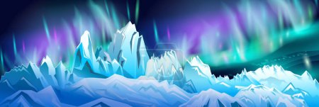 Téléchargez les photos : Landscape with Northern lights and snowy mountains, vector illustration - en image libre de droit