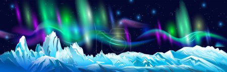 Téléchargez les photos : Landscape with Northern lights and snowy mountains, vector illustration - en image libre de droit