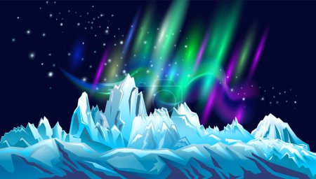 Téléchargez les photos : Montagnes enneigées sur le fond avec aurores boréales, illustration vectorielle - en image libre de droit