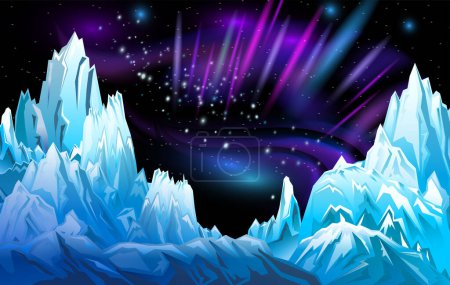 Téléchargez les photos : Montagnes enneigées sur le fond avec aurores boréales, illustration vectorielle - en image libre de droit