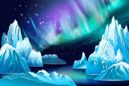 Illustration for Landscape with Northern lights and snowy mountains, vector illustration - Royalty Free Image