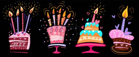 Foto de Conjunto de Dibujos animados fiesta de cumpleaños pasteles de cumpleaños en un estilo divertido dibujado a mano, elementos para postales y pegatinas - Imagen libre de derechos