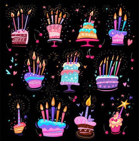 Téléchargez les photos : Ensemble de gâteaux d'anniversaire dans un style amusant dessiné à la main, Éléments pour cartes postales et autocollants - en image libre de droit