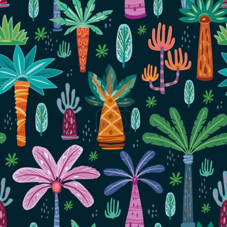Téléchargez les illustrations : Modèle sans couture avec des palmiers et des arbres décoratifs abstraits - en licence libre de droit