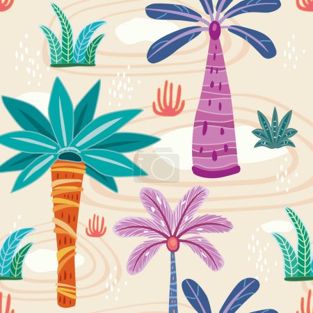 Téléchargez les photos : Modèle sans couture avec des palmiers et des arbres décoratifs abstraits - en image libre de droit