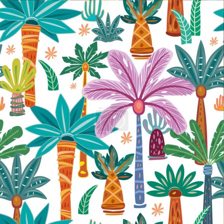 Téléchargez les illustrations : Modèle sans couture avec des palmiers et des arbres décoratifs abstraits - en licence libre de droit