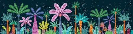 Téléchargez les photos : Bannière avec divers palmiers et arbres décoratifs abstraits, style tendance - en image libre de droit