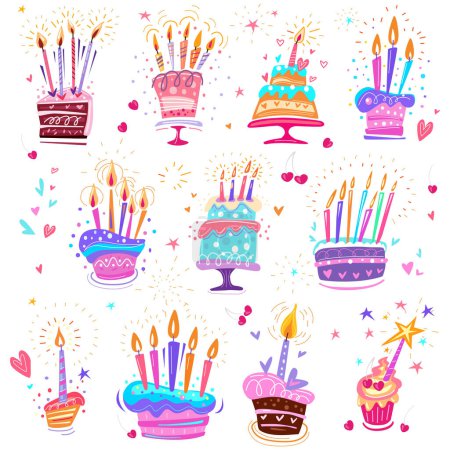 Téléchargez les photos : Ensemble de gâteaux d'anniversaire dans un style amusant dessiné à la main, Éléments pour cartes postales et autocollants - en image libre de droit