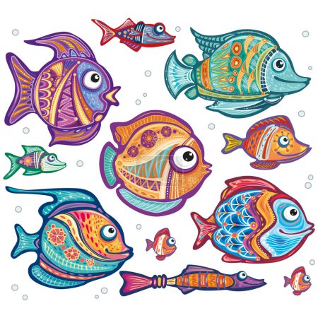 Téléchargez les photos : Ensemble de poissons décoratifs décoratifs stylisés dans un style drôle - en image libre de droit