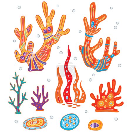Téléchargez les photos : Ensemble de coraux décoratifs décoratifs stylisés et d'algues - en image libre de droit