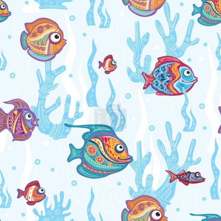 Téléchargez les illustrations : Modèle sans couture avec des poissons décoratifs et des coraux et des algues - en licence libre de droit