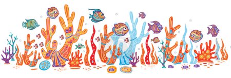 Téléchargez les illustrations : Bordure avec des coraux et des poissons ornementaux décoratifs - en licence libre de droit