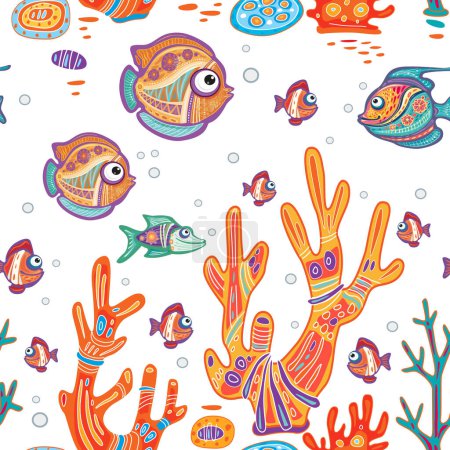 Ilustración de Patrón sin costura con peces decorativos y corales y algas - Imagen libre de derechos