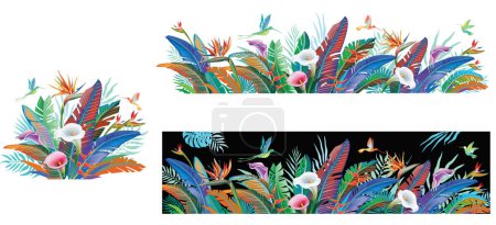 Téléchargez les illustrations : Plantes de jungle tropicale, fleurs et colibris, illustration vectorielle - en licence libre de droit