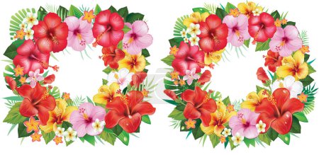 Téléchargez les photos : Cadre et couronne de fleurs d'Hibiscus et de feuilles tropicales - en image libre de droit