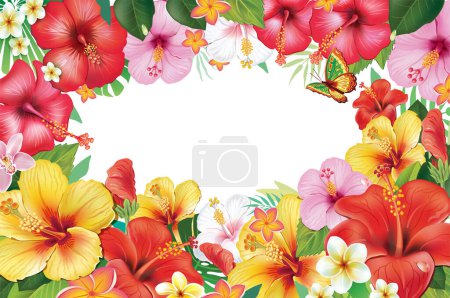 Téléchargez les photos : Cadre et couronne de fleurs d'Hibiscus et de feuilles tropicales - en image libre de droit
