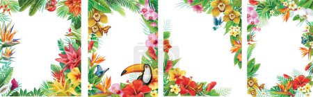 Téléchargez les illustrations : Ensemble de cadres et de fleurs tropicales et de feuilles tropicales - en licence libre de droit