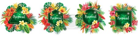 Téléchargez les illustrations : Ensemble de cadres et de fleurs tropicales et de feuilles - en licence libre de droit