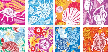 Illustration for Seamless colorful patterns with Beach motives, Shells, Turtles, Waves - Royalty Free Image