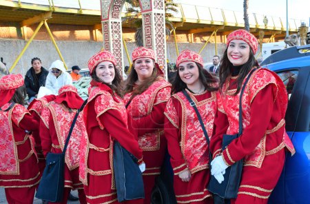 Photo for TORREVIEJA, SPAIN JANUARY 5, 2024: Los Reyes Magos Three wise men parade. Participants take part in the Festive cavalcade of Three Magi Cabalgata de los Reyes Magos - Royalty Free Image
