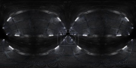 Foto de Futurista corredor interior Hdri con luces de neón blanco. Vista panorámica de 360 grados del fondo de la nave espacial en forma de triángulo. Ambiente cibernético con túnel y camino iluminado. renderizado 3d - Imagen libre de derechos