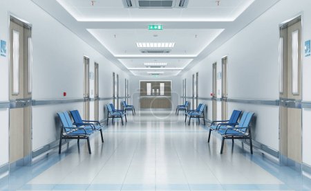 Largo pasillo hospital blanco con habitaciones y asientos azules de representación 3D. Accidente vacío e interior de emergencia con luces brillantes que iluminan el pasillo desde el techo
