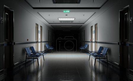 Téléchargez les photos : Long couloir d'hôpital sombre avec des chambres et des sièges bleus rendu 3D. Accident vide et intérieur de secours avec des lumières vives qui illuminent le hall depuis le plafond - en image libre de droit