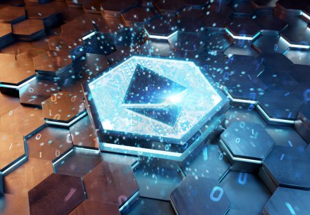 Photo for Ethereum icon concept engraved on blue and orange metal hexagonal pedestral background. Crypto currency symbol glowing on abstract digital surface. 3d rendering - Royalty Free Image