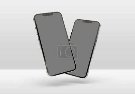 Photo for PARIS - France - April 28, 2022: Newly released Apple Smartphone Iphone 13 pro max realistic 3d rendering - Silver color front screen mockup - Two modern smartphones floating on grey background - Royalty Free Image