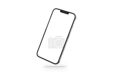 Foto de PARÍS - Francia - 28 de abril de 2022: Nuevo lanzamiento de Apple Smartphone Iphone 13 pro max realista 3d rendering - maqueta de pantalla frontal a color de plata - Smartphone moderno flotando sobre fondo blanco - Imagen libre de derechos