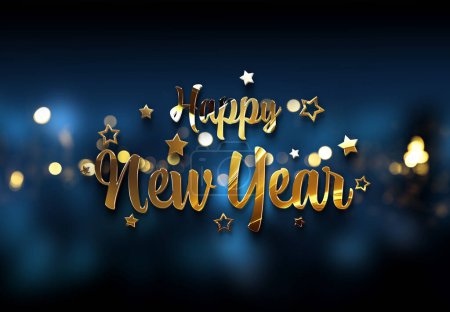 Foto de Feliz Año Nuevo saludos con efecto dorado. Texto de celebración brillante en azul oscuro para fondo, diseño gráfico, pancarta, ilustración, póster. Renderizado 3D - Imagen libre de derechos