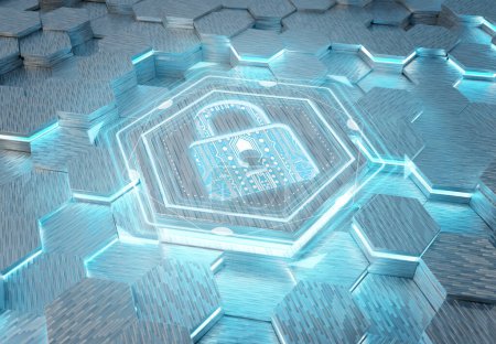 Photo for Web security icon concept engraved on white and blue metal hexagonal pedestral background. Padlock Logo glowing on abstract digital surface. 3d rendering - Royalty Free Image