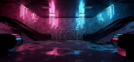 Photo for Realistic underground subway station Background with wet reflecting floors. Futuristic metro interior with blue and pink glowing neon lights and escalators. 3D Rendering - Royalty Free Image