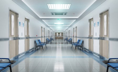 Foto de Largo pasillo hospital blanco con habitaciones y asientos azules de representación 3D. Accidente vacío e interior de emergencia con luces brillantes que iluminan el pasillo desde el techo - Imagen libre de derechos