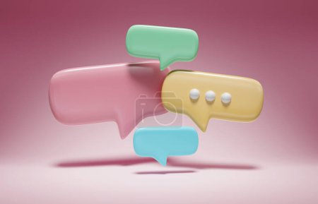 Foto de Minimalista azul rojo verde y amarillo burbujas de habla hablan iconos flotando sobre el fondo rosa. Conversación moderna o mensajes de redes sociales suaves con sombra. Renderizado 3D - Imagen libre de derechos