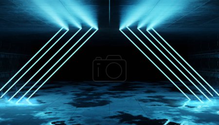 Foto de Futuristic dark tunnel warehouse with metal panels wall lighted with lights. Cyber neon laser Interior. Garage room hangar with sci fi glowing blue tubes. Construction corridor 3d Rendering - Imagen libre de derechos