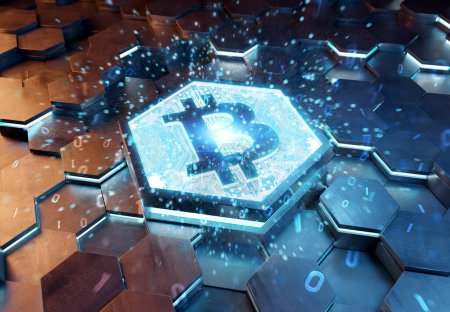 Foto de Concepto de icono de Bitcoin grabado sobre fondo pedestal hexagonal de metal azul y naranja. Crypto símbolo de moneda que brilla en la superficie digital abstracta. renderizado 3d - Imagen libre de derechos