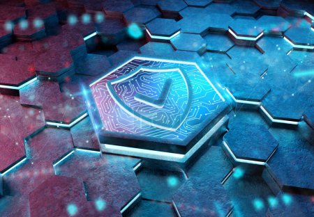 Photo for Shield icon concept engraved on blue and pink metal hexagonal pedestral background. Security Logo glowing on abstract digital surface. 3d rendering - Royalty Free Image