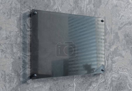 Photo for Empty transparent glass sign plate on wall mockup. Template of a blank plastic business signboard on marble texture. 3D rendering - Royalty Free Image