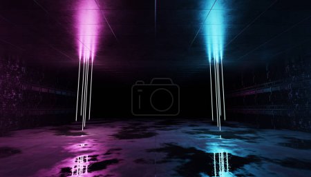 Photo for Construction showroom corridor 3d Rendering. Futuristic blue and pink neon lights interior. Cyber neon laser tubes in garage room hangar. Sci fi dark tunnel warehouse with metal panels wall lighted. - Royalty Free Image