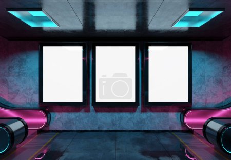 Foto de Tres carteles en blanco en la pared subterránea del metro Mockup. Acumulaciones tríptico publicitario en luces de neón brillantes renderizado 3D interior - Imagen libre de derechos